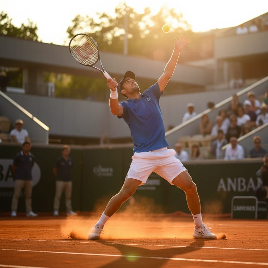 Tennis player serving at an Australian hard-court event