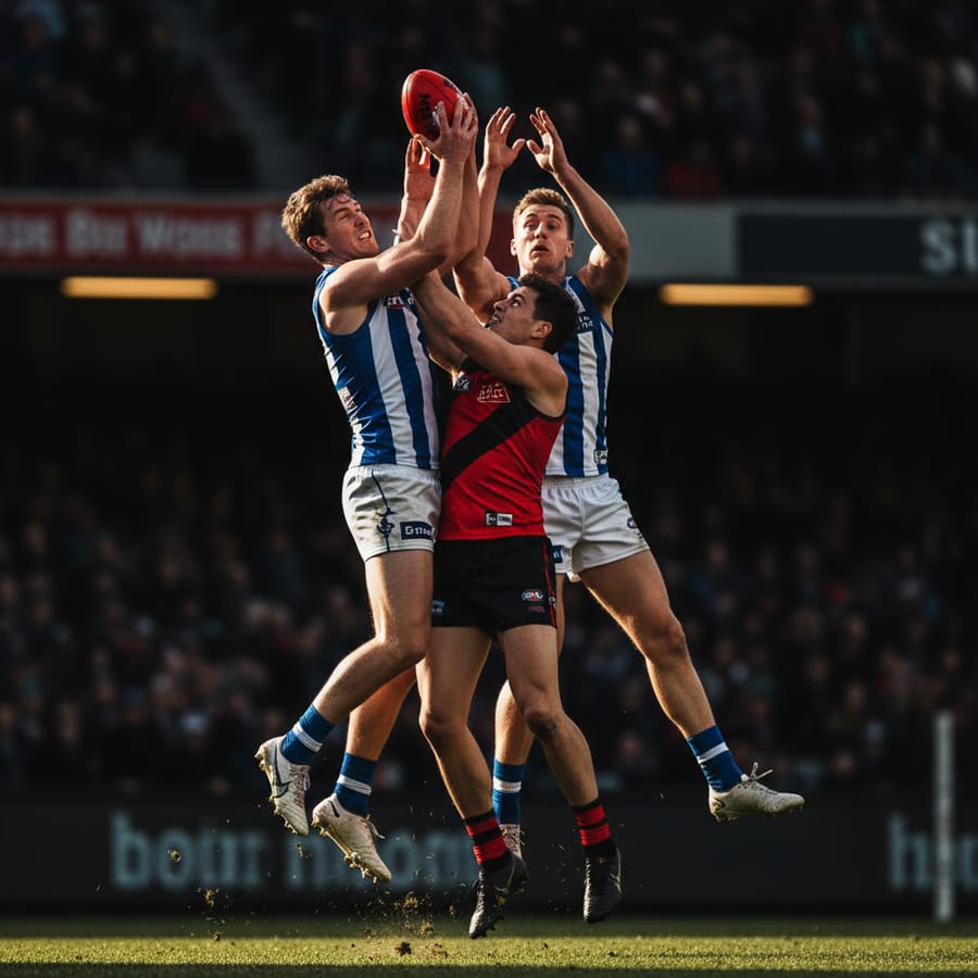 AFL players contesting a mark during a night fixture